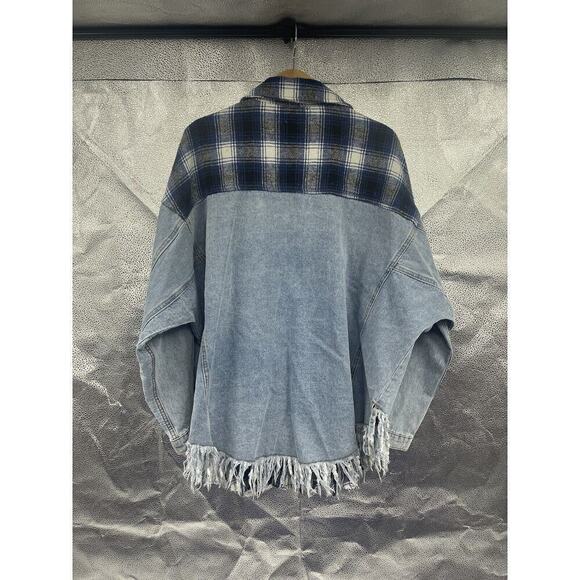 Vici Collection Dance & Marvel Blue Plaid Frayed Denim Jacket Shacket Large - Picture 9 of 9